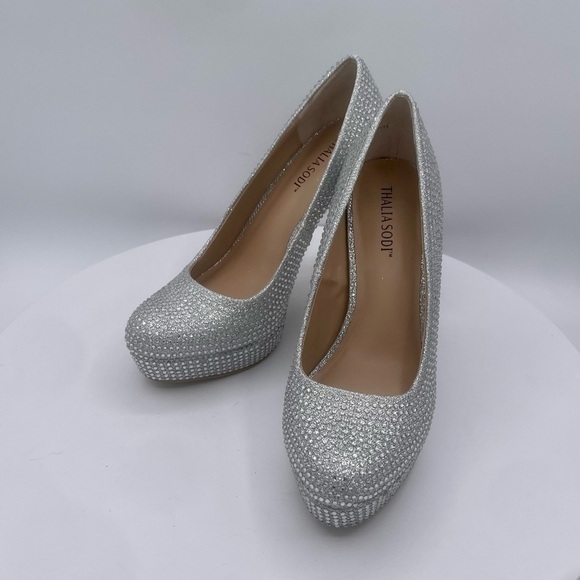 THALIA SODI EMBELLISHED CRISTA WOMENS PLATFORM PUMP SIZE 7‎ COLOR SILVER LUR NWT - Picture 4 of 11